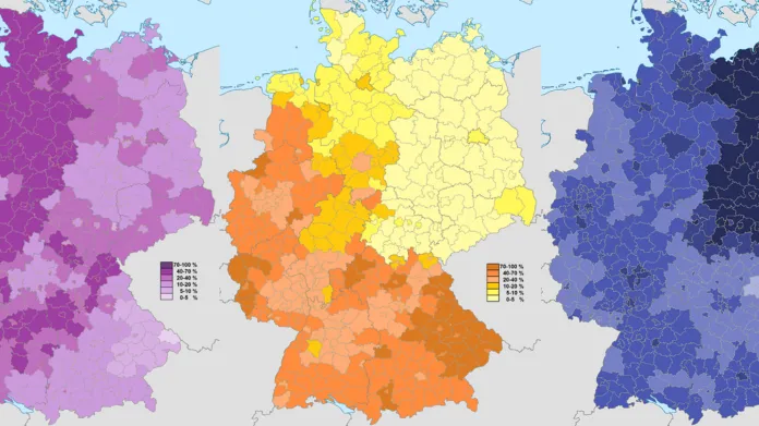 Podíl protestantů (fialová), katolíků (žlutá) a nevěřících (modrá) v německých regionech podle sčítání lidu roku 2011