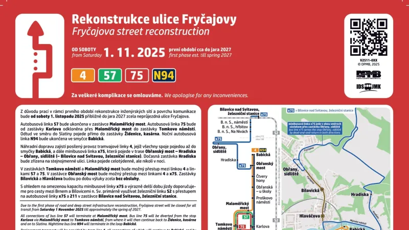 Změny v městské hromadné dopravě kvůli uzavírce ulice Fryčajova v Brně