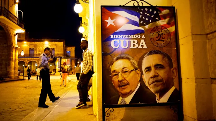 Plakát v ulicích Havany vítající amerického Baracka Obamu