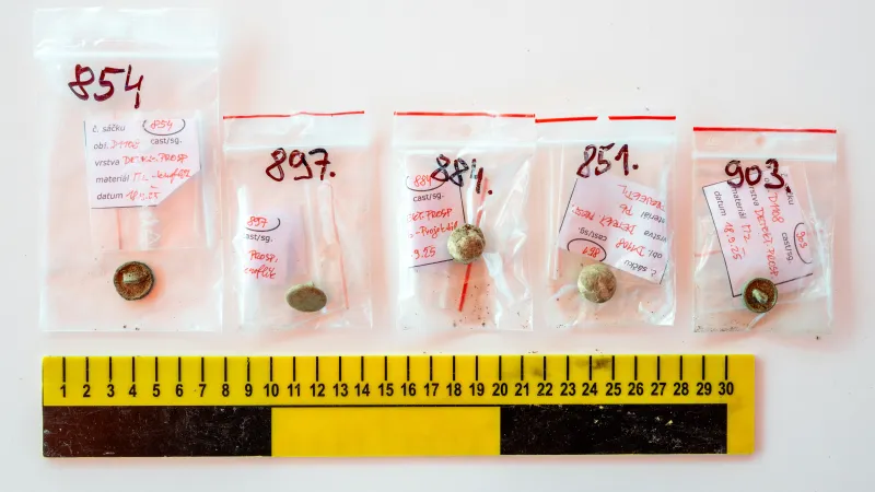 Vojenské knoflíky a projektily nalezené při archeologickém záchranném výzkumu na budoucím úseku dálnice D11 z Jaroměře do Trutnova