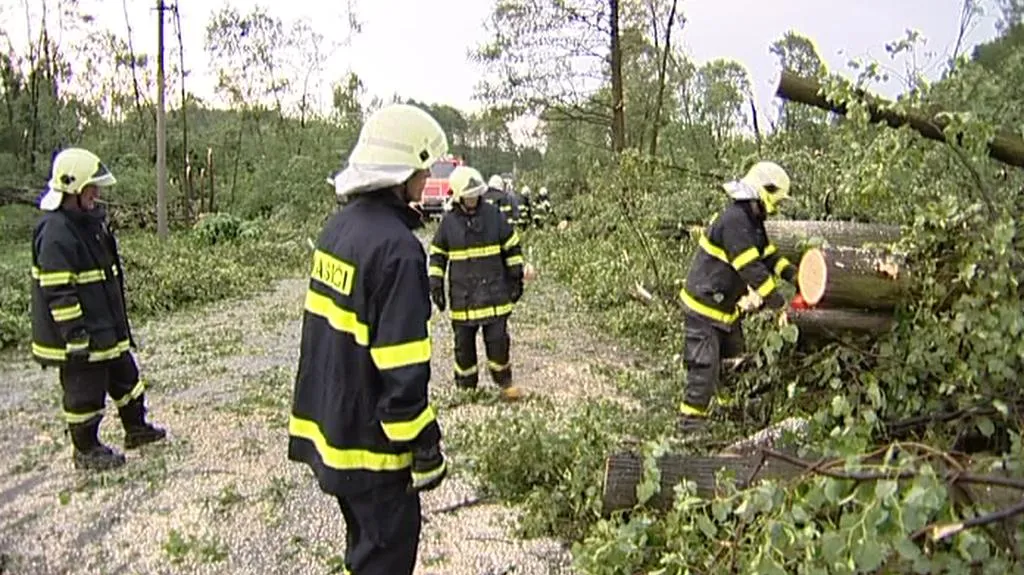 Hasiči odstraňují popadané stromy po bouřce, která se prohnala Krnovem