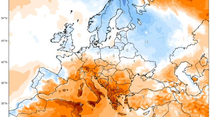 Očekávaná odchylka průměrné denní teploty vzduchu v polovině příštího týdne v Evropě – hlavně na jihu Itálie dosáhne až 10 °C