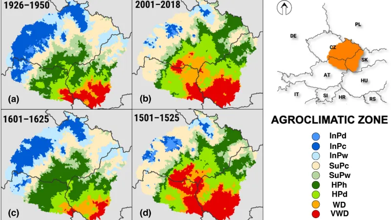Struktura devíti klimatických oblastí ve střední Evropě za posledních 500 let. Rozšíření červených a oranžových oblastí (VWD, WD) ukazuje na rozšíření velmi horkých a suchých podmínek méně vhodných pro současné zemědělské plodiny, zejména od poloviny 20. století. To vedlo k posunu produktivnějších (zelených) zón směrem na sever