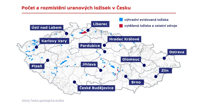 Počet a rozmístění uranových ložisek v Česku