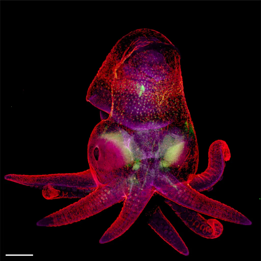 Embryo chobotnice Octopus bimaculoides; zvětšení: 5x