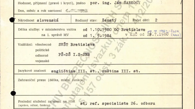 Část spisu ze složky bývalého příslušníka StB Jána Sarkocyho