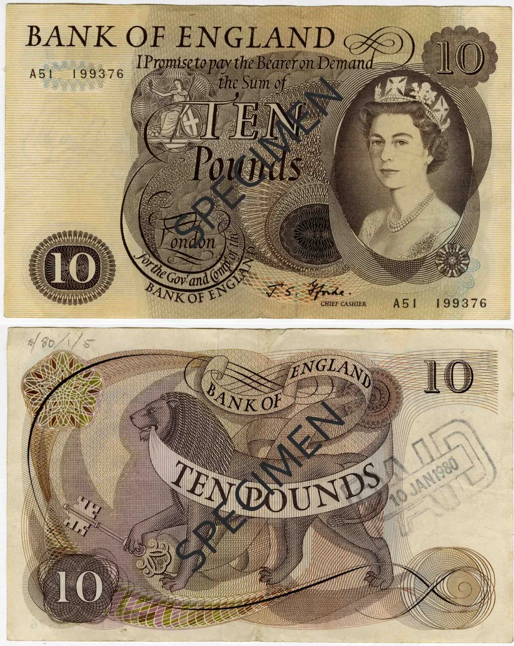 Bankovka série C s královnou Alžbětou II. v hodnotě deset liber (v oběhu od 21. 2. 1964 do 31. 5. 1979)