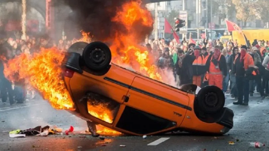 Převrácený Peugeot se stal symbolem demonstrací v Bruselu