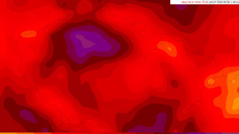 Mapa úterních maximálních teplot