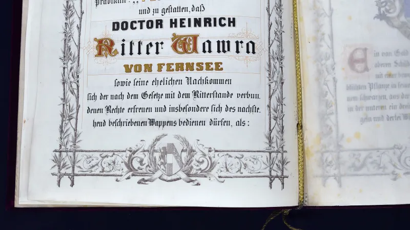 Rytířský dekret, jímž císař František Josef I. povýšil Vávru roku 1872 do šlechtického stavu