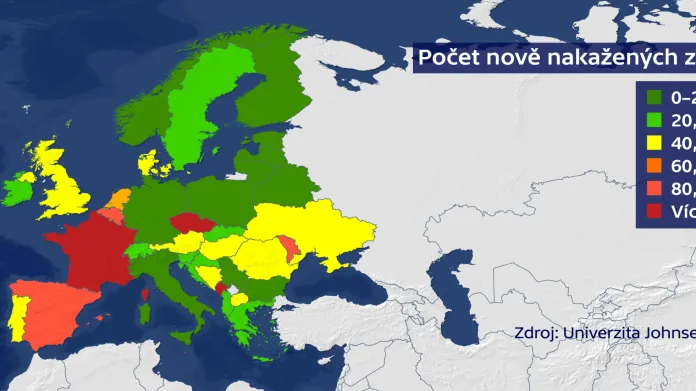 Počet nově nakažených covidem-19 v Evropě za posledních 7 dnů
