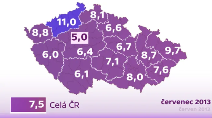 Mapa nezaměstnanosti v krajích ČR, červenec