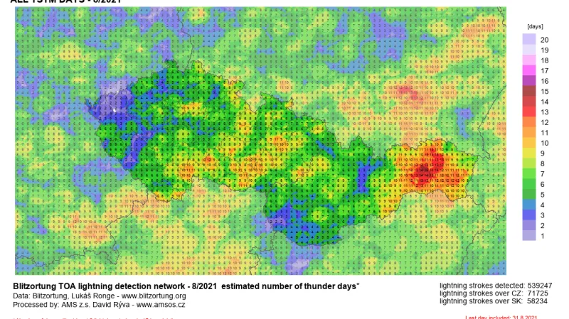Počet bouřkových dní na území České republiky v srpnu