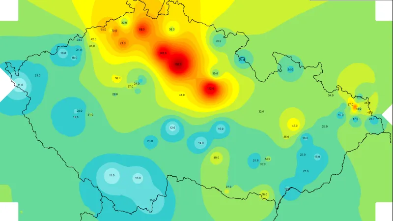 Mapka hodinových koncentrací částic PM10