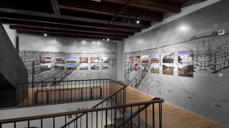 Z expozice v Galerii Jaroslava Fragnera Architektura a víno ve střední Evropě - pohled do foyer.
