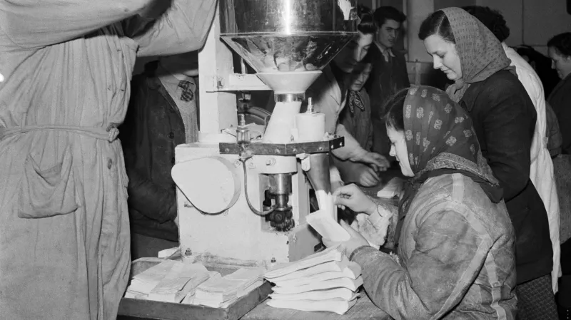 Balení vánočních balíčků pro všechny pracující v hlavních skladech „Bratrství“ v Praze IX