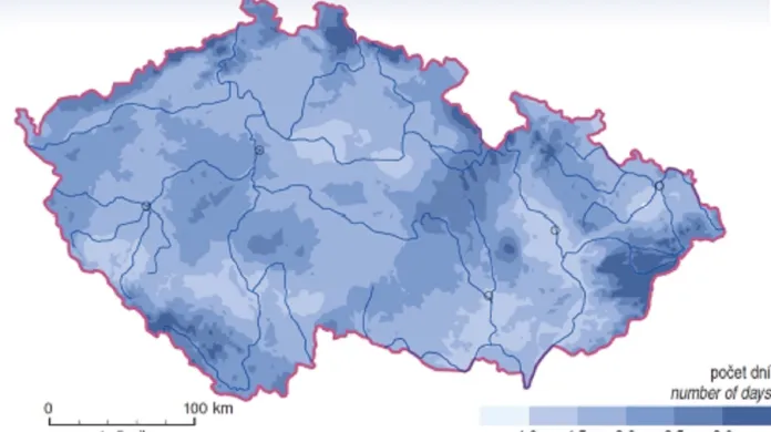Průměrný roční počet dní s kroupami v Česku