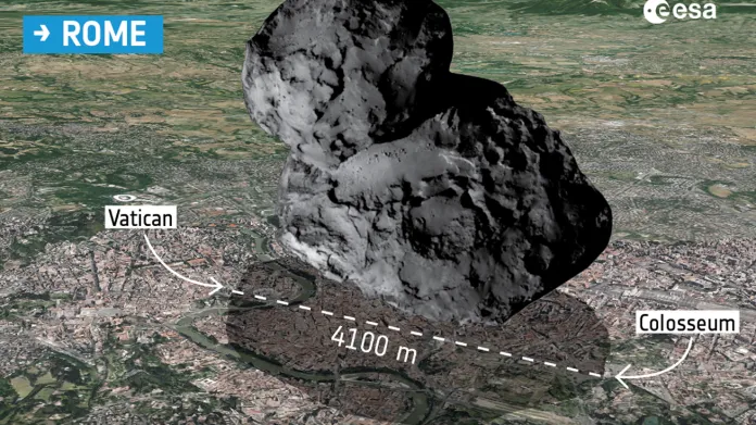 Porovnání velikosti komety 67P/Churyumov-Gerasimenko s Římem