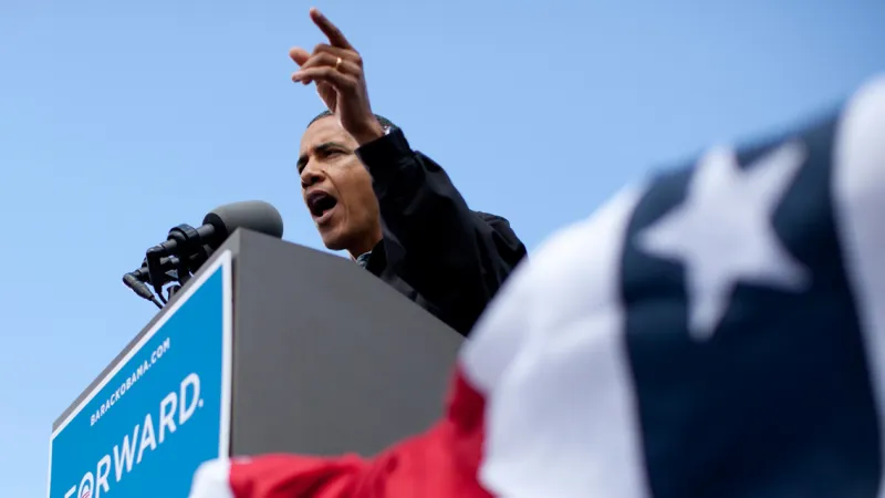 Barack Obama při předvolebním projevu v Council Bluffs ve státě Iowa