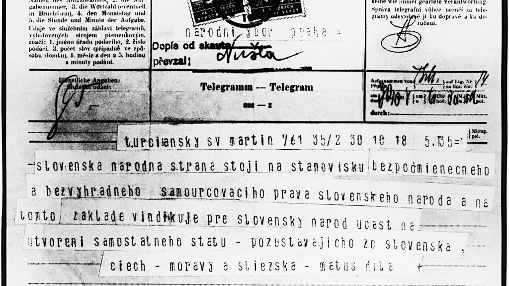 Telegram Národnímu výboru ze slovenského Martina