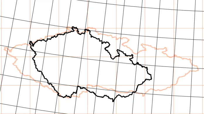 Černě Křovákovo zobrazení, oranžově WGS-84