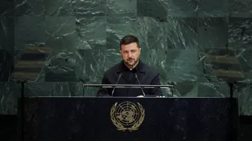 Ukrajinský prezident Volodymyr Zelenskyj při projevu na Valném shromáždění OSN