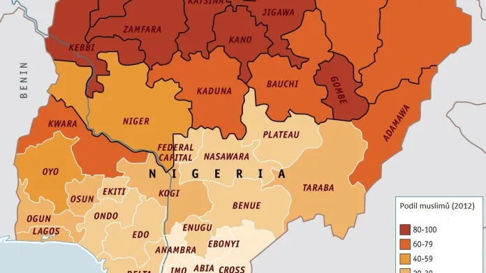 Podíl muslimů na populaci nigerijských států
