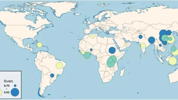 Jezera (zeleně), pobřežní oblasti (žlutě) a řeky (modře), které jsou nejvíc znečištěné odpadem