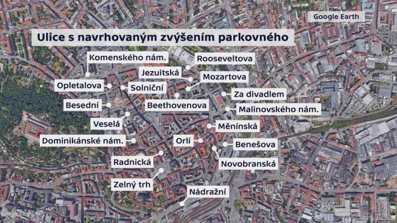 Ulice v centru Brna, kde by se měly zvýšit ceny parkovného