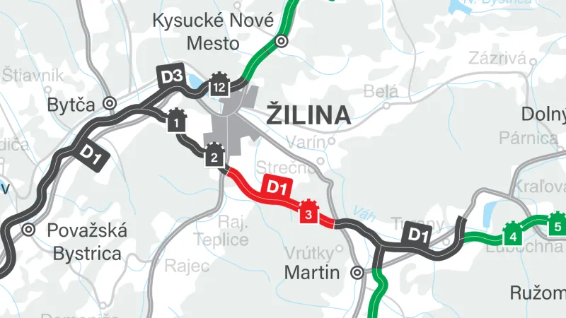 Nový úsek slovenské dálnice D1 (červeně)