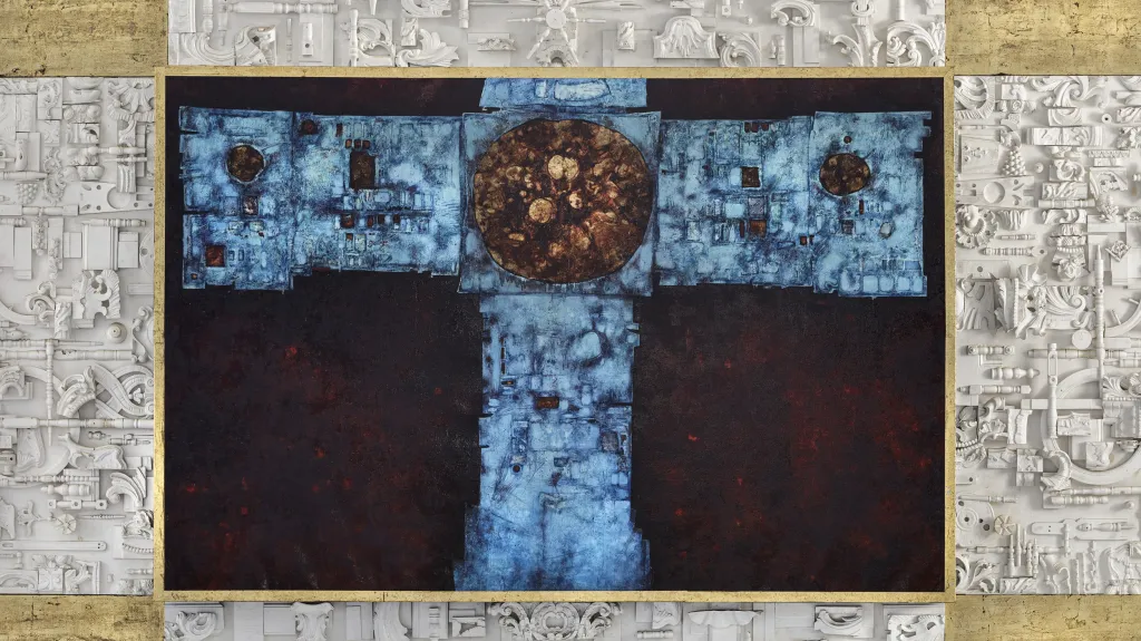 Mikuláš Medek, oltářní obraz, 1963, Jan Koblasa, rám oltářního obrazu, 1964. Jedovnice, kostel sv. Petra a Pavla