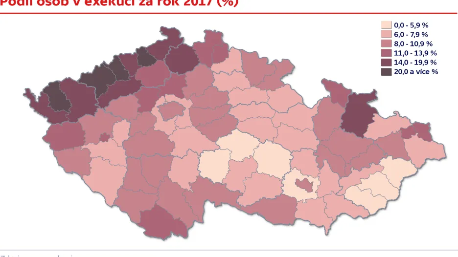 Podíl osob v exekuci za rok 2017 (%)