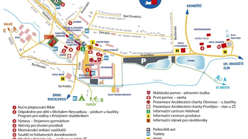 Mapa Velehradu s vyznačením aktivit Dnů lidí dobré vůle