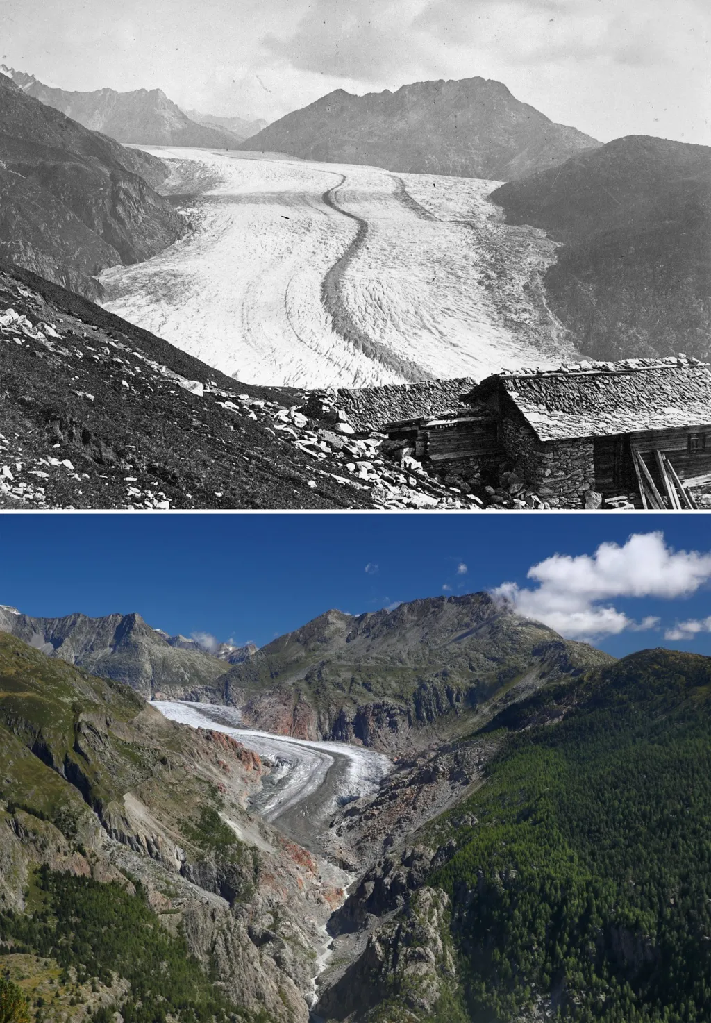 Ledovec Aletsch rovněž neubránil své hranice vlivu změn klimatu. Na fotografii z roku 1865 je ledovec v plné síle proti fotografii z října 2019