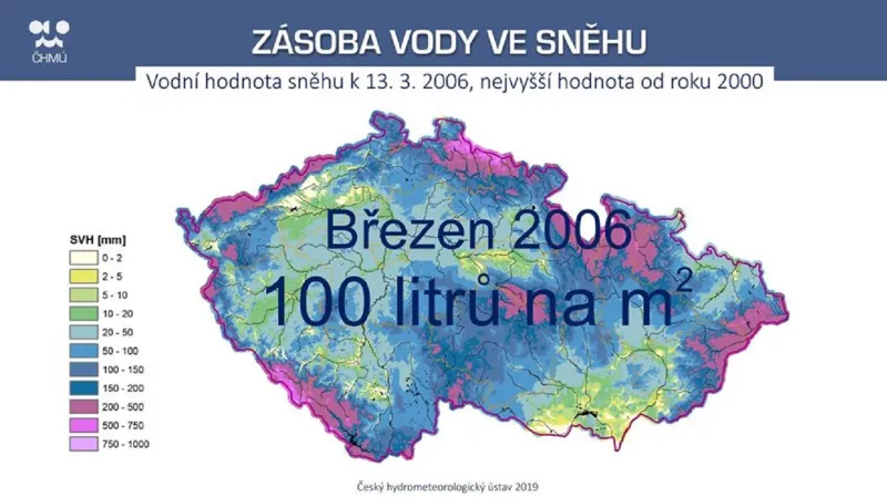 Výška sněhové pokrývky na konci zimy 2020