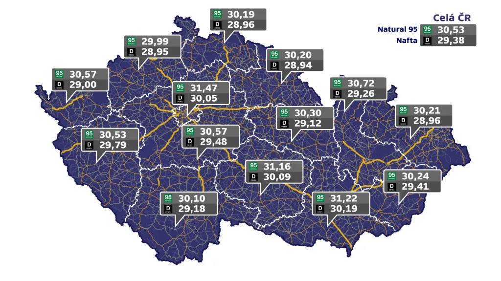 Průměrné ceny pohonných hmot v krajích ČR