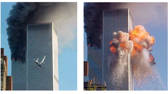 Několik okamžiků před a po nárazu letadla do jedné z věží World Trade Center na dolním Manhattanu v New Yorku.