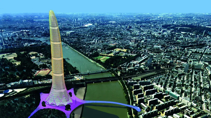 Vizionářský projekt Green Bird (z roku 1990) pro stopatrovou víceúčelovou budovu v Londýně. Přístup podpovrchovou dopravou, lodí a po mostě, výtahy po obvodu budovy, chlazení ohřátého vzduchu řekou, fotovolatické buňky v obložení budovy