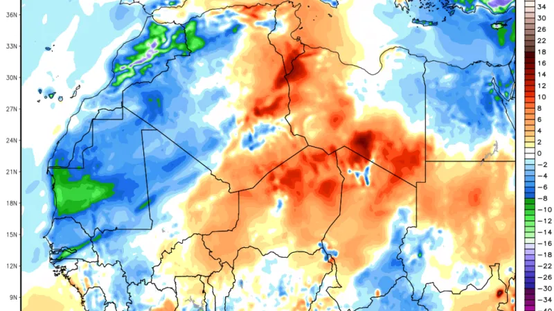Meteorologická mapa ze dne, kdy na Sahaře sněžilo