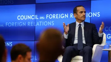 Muhammad bin Abdar Rahmán Sání hovoří na zasedání Rady pro mezinárodní vztahy v New Yorku (6. prosinec 2025)