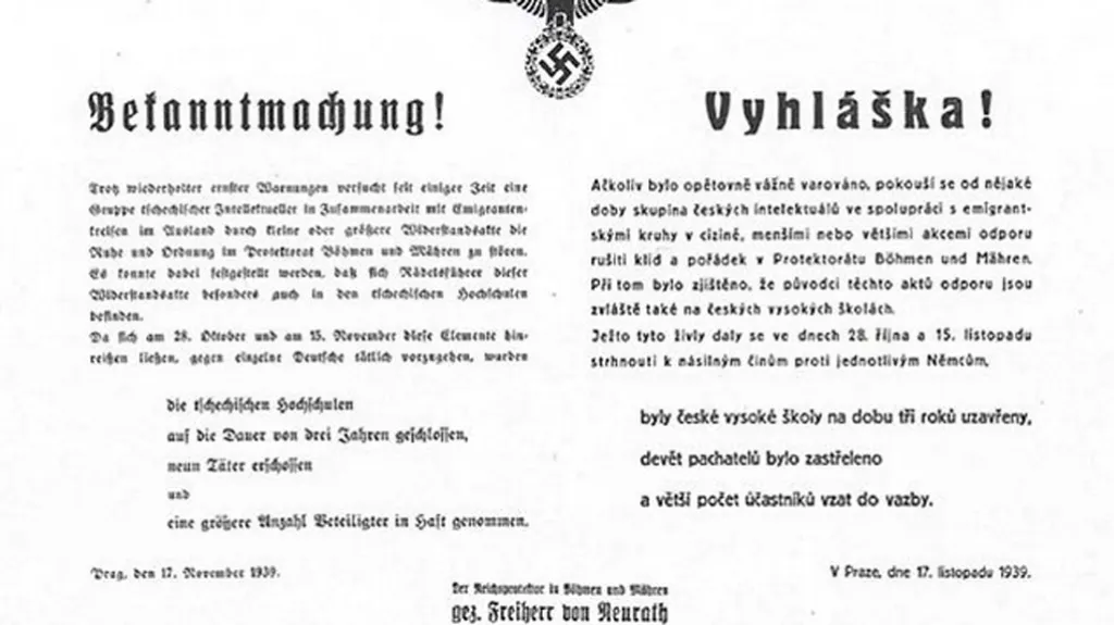 Vyhláška o uzavření vysokých škol v roce 1939