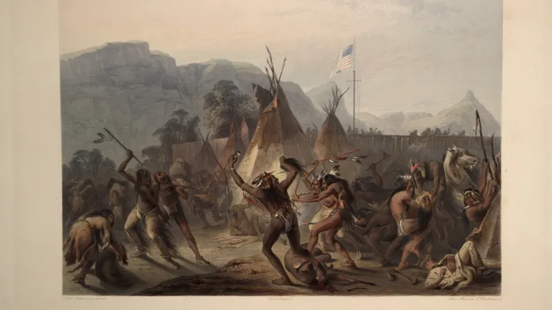 Boj u Fort Mackenzie v srpnu 1833, jak jej zachytil malíř Karl Bodmer. Ústřední bojující postava třímá čerstvý skalp a ještě zakrvácený nůž