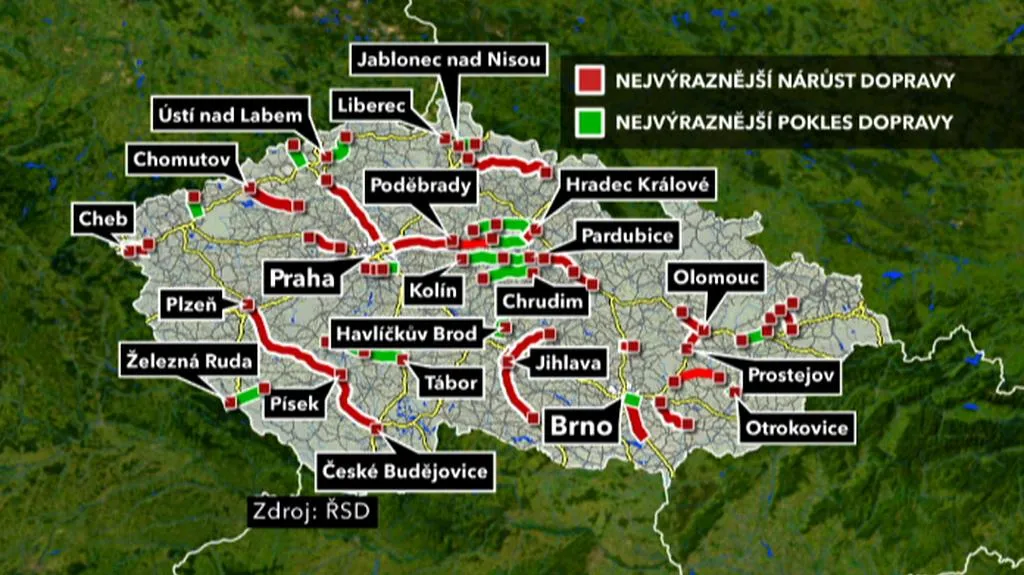 Mapa nárůstu a poklesu dopravy