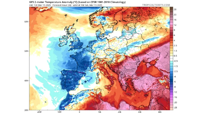 Odchylka teplot na Balkáně od dlouhodobého průměru 15. března