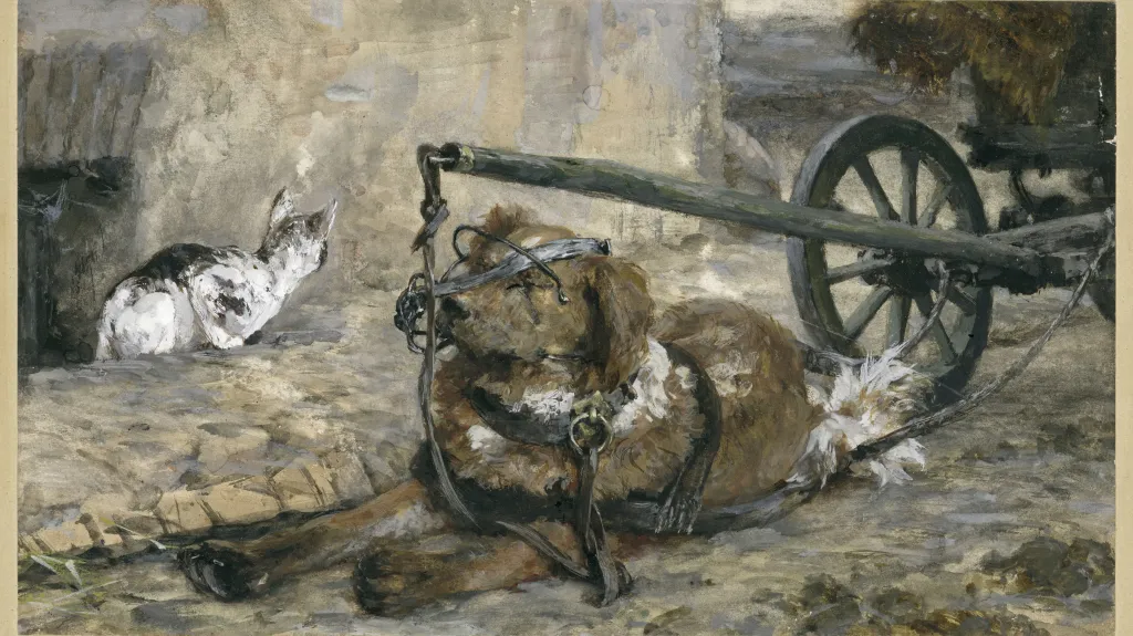 Adolph Menzel / Tažný pes a kočka (z dětského alba), 1863/83