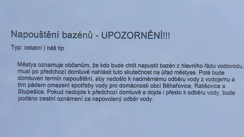 Napouštění bazénů - Upozornění