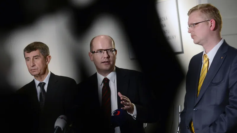 Andrej Babiš (ANO), Bohuslav Sobotka (ČSSD) a Pavel Bělobrádek (KDU-ČSL)