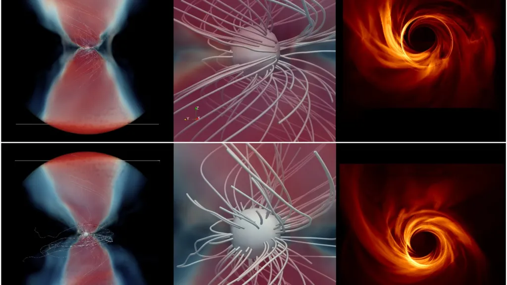 Model a vizualizace černé díry podle Einsteina (nahoře) a alternativní (dole)