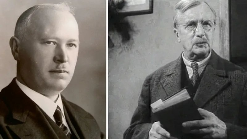 Ředitel příbramského gymnázia, profesor Josef Lukeš (vlevo) - předobraz profesora (ztvárnil jej František Smolík - vpravo) ve filmu Vyšší princip