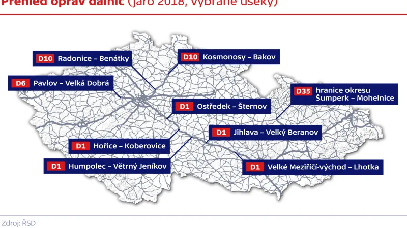 Přehled oprav dálnic (jaro 2018, vybrané úseky)